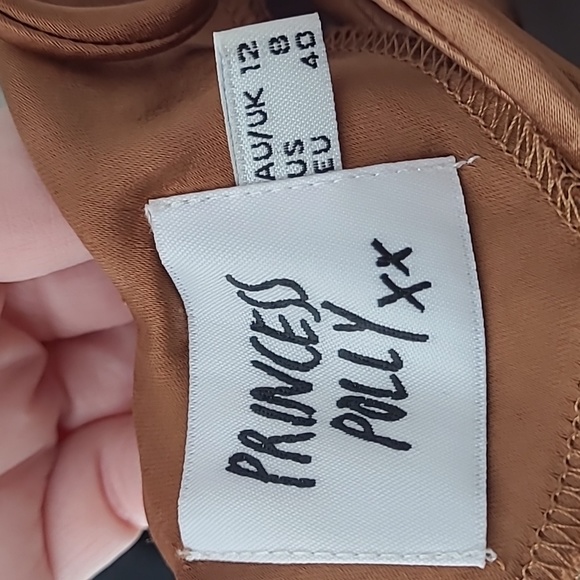 Princess Polly Brown Satin Slim Fitting Mini Dress Strappy Cowl Neckline Size 8 - Picture 11 of 15